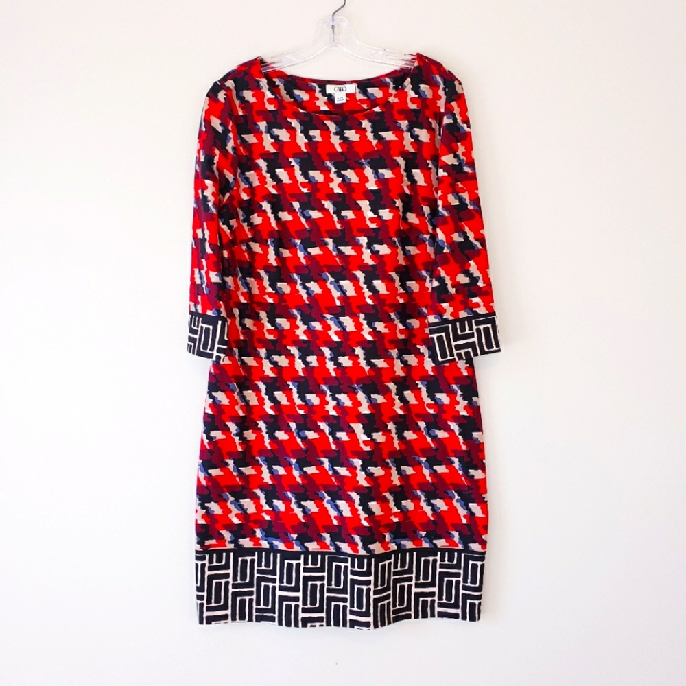 Cato Shift Dress Long Sleeve Mod Geo Print Retro Red Black Cream Size Large